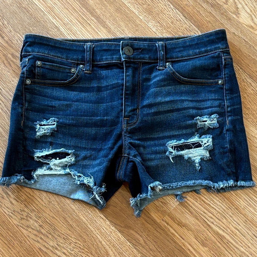 American Eagle Outfitters Midi Dark Blue Distressed Jean Shorts Size 8